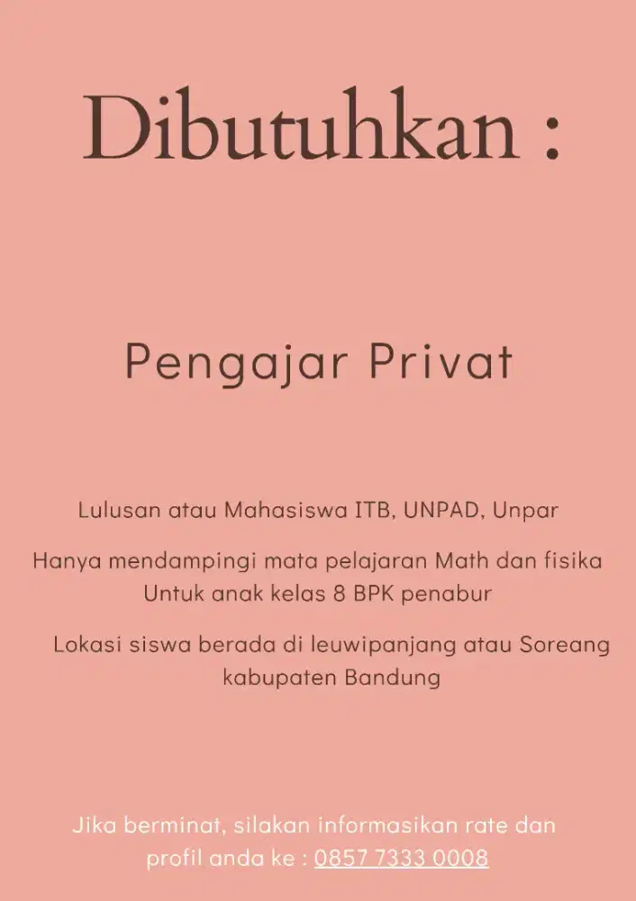 Pengajar Les Privat untuk anak kelas 8 BPK penabur Math and fis only