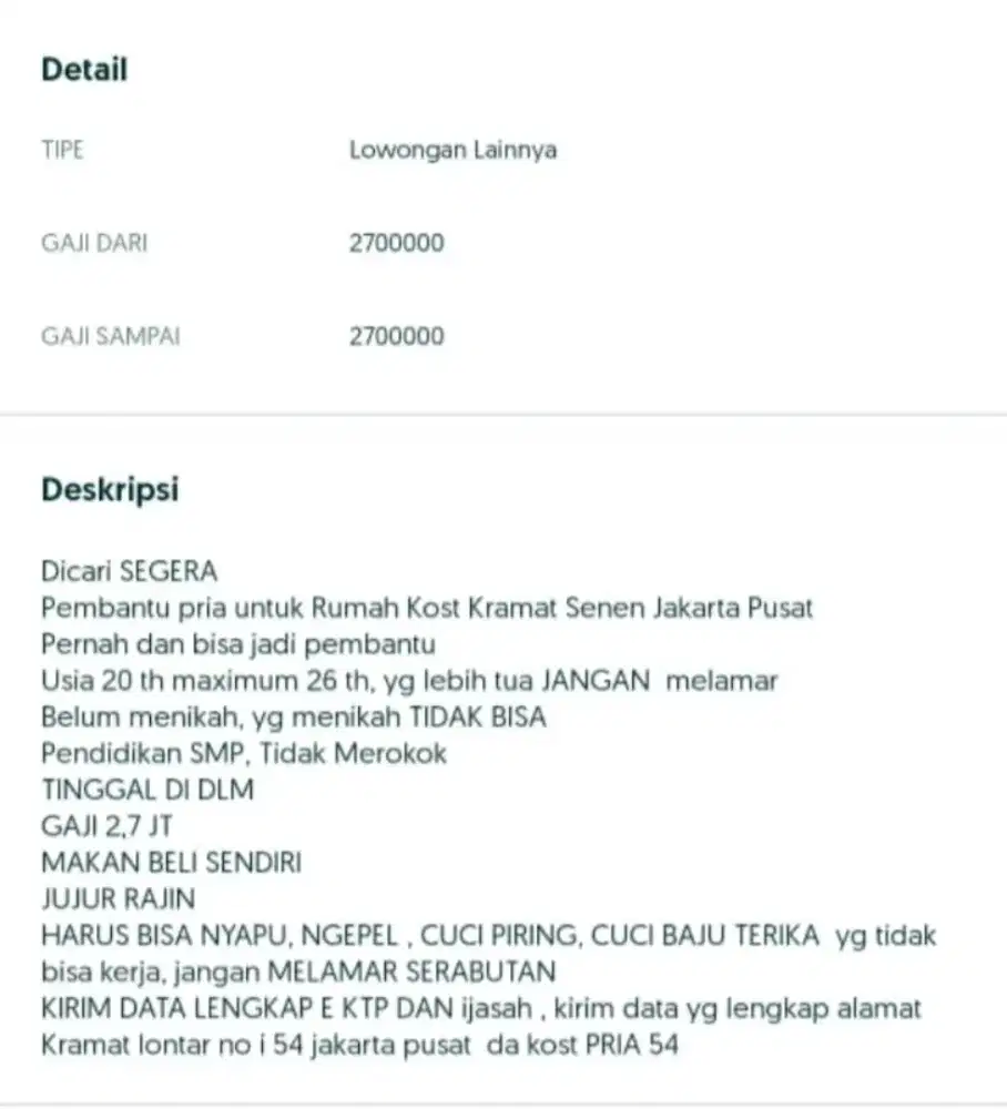 Di cari SEGERA PEMBANTU PRIA tempat KOST Jakarta Pusat