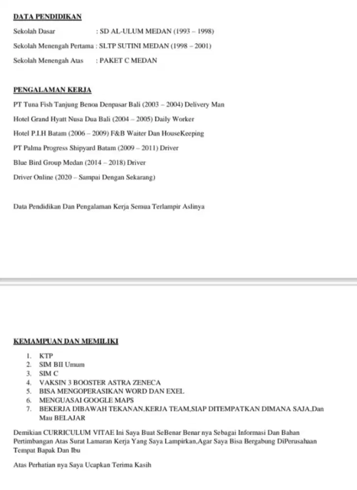 Mencari Pekerjaan,Memiliki Sim BII Umum,Bisa Mobil Manual Dan Matic