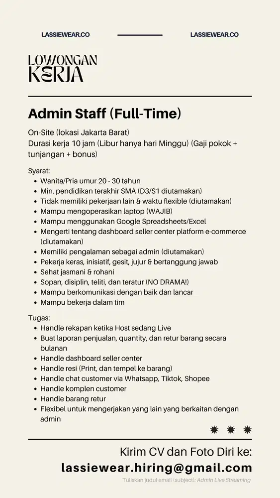 LOWONGAN KERJA ADMIN ONLINE SHOP OLSHOP JAKARTA BARAT