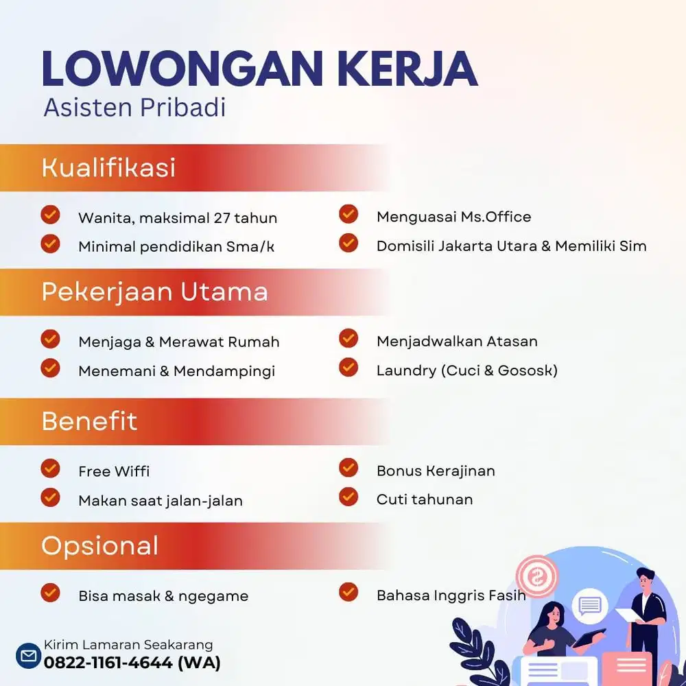 LOWONGAN KERJA WANITA MAKS 27TH ASISTEN JAKARTA UTARA