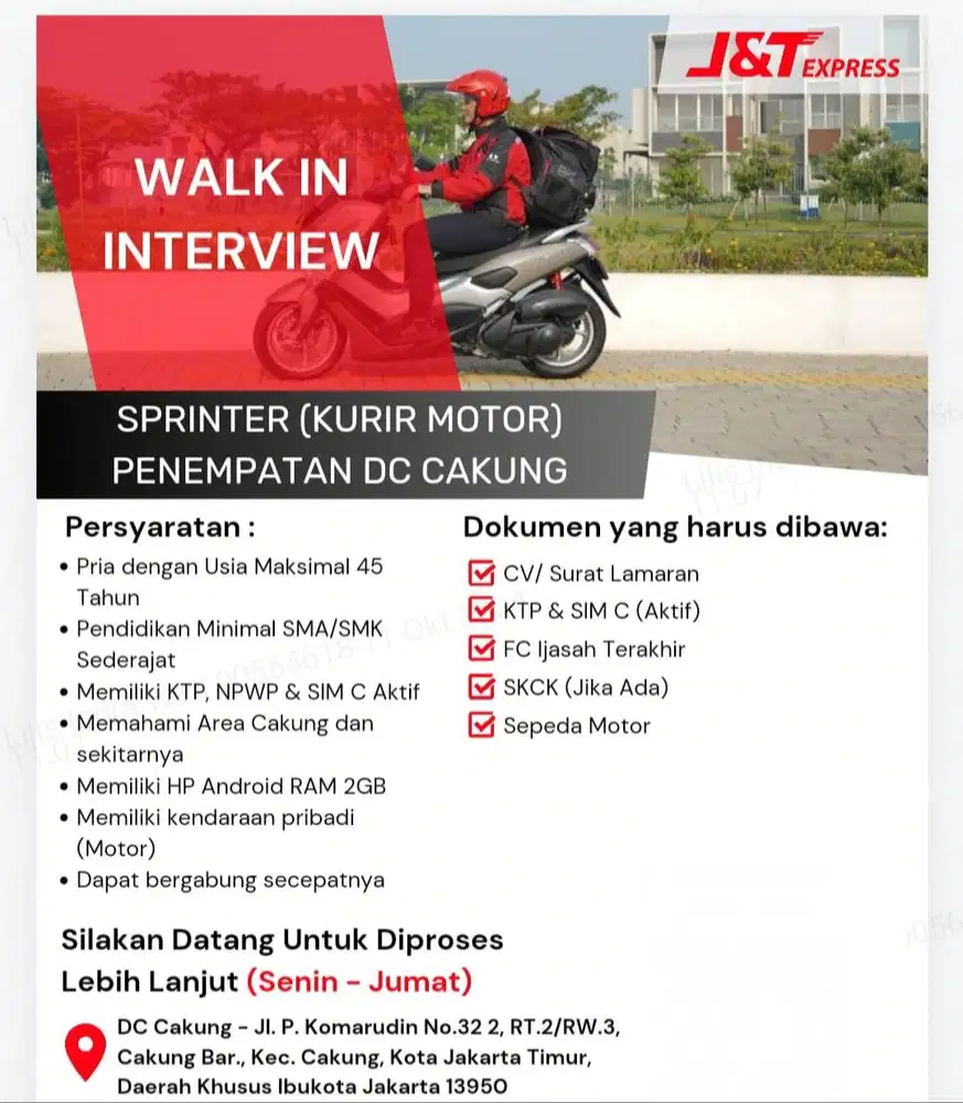 Lowongan kerja KURIR DELIVERY J&T Express di Cakung, JAKARTA TIMUR