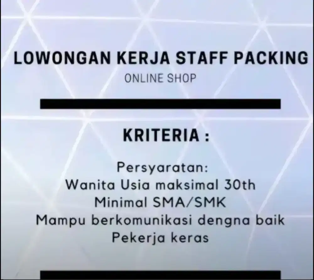 Di butuhkan staff packing / staff admin di bidang online shop