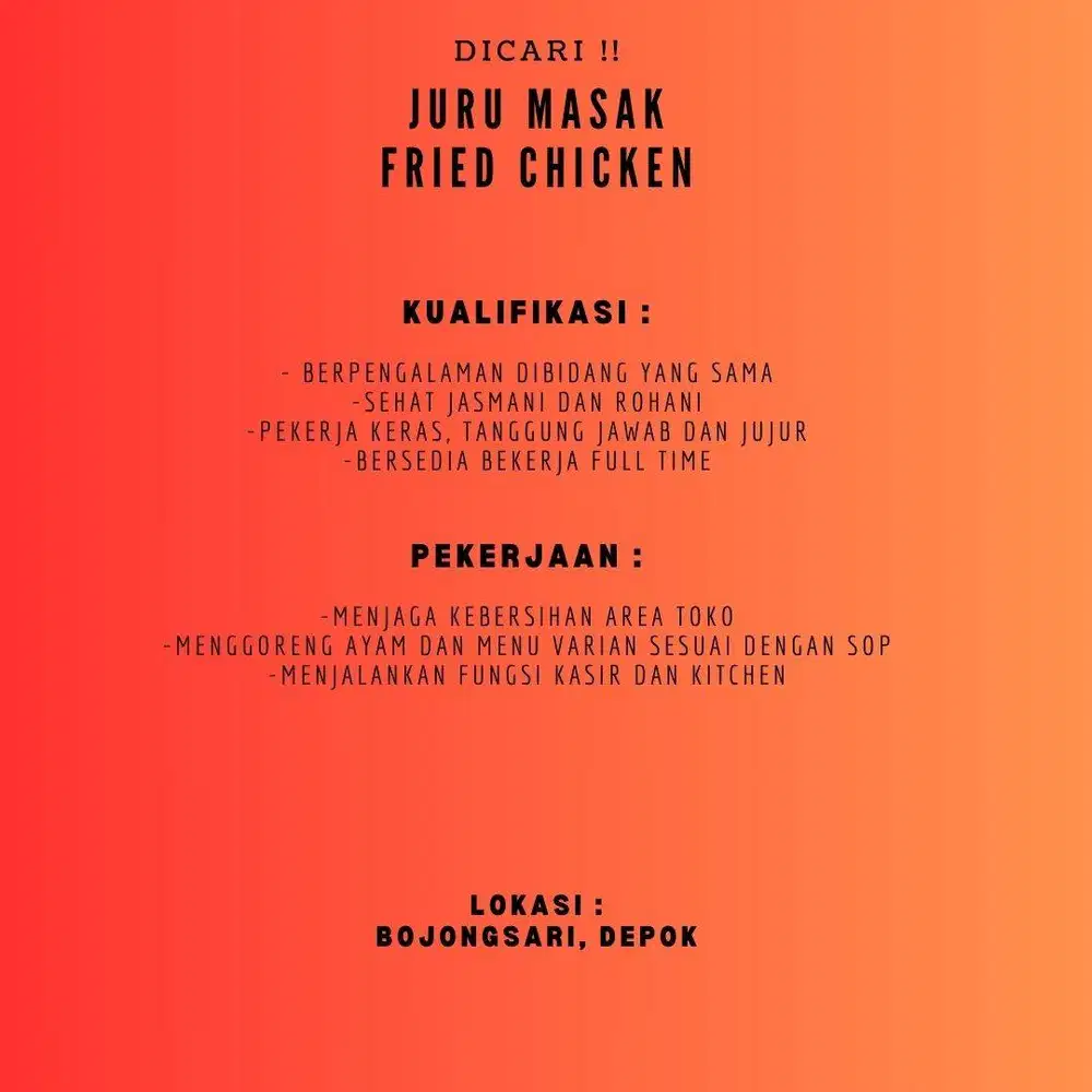 DICARI !! Crew Outlet (Kasir & Kitchen) Sabana Fried Chicken