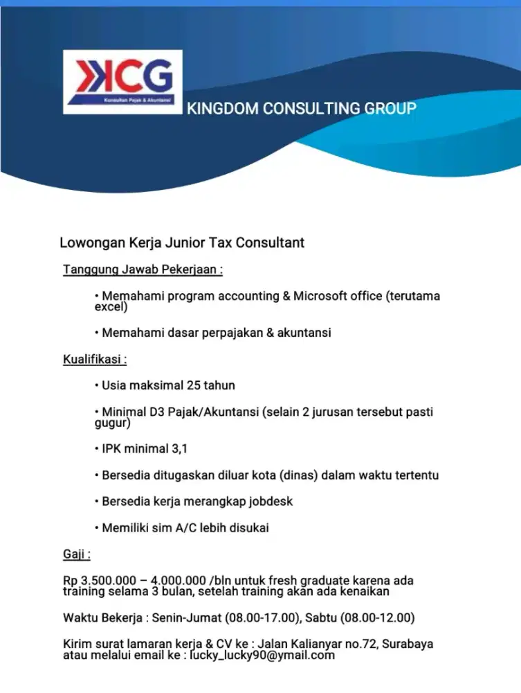 LOWONGAN JUNIOR TAX CONSULTANT / KONSULTAN PAJAK JUNIOR