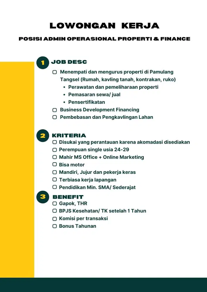 LOKER ADMIN OPERASIONAL PROPERTI dan FINANCE