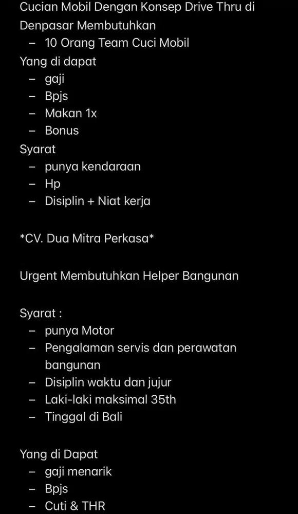 Di Cari Pegawai Tim cuci mobil di Denpasar