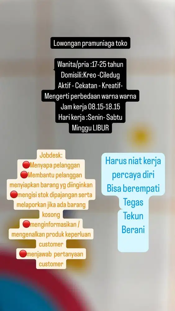Lowongan pramuniaga toko benang  (pelayan toko kebutuhan konveksi)