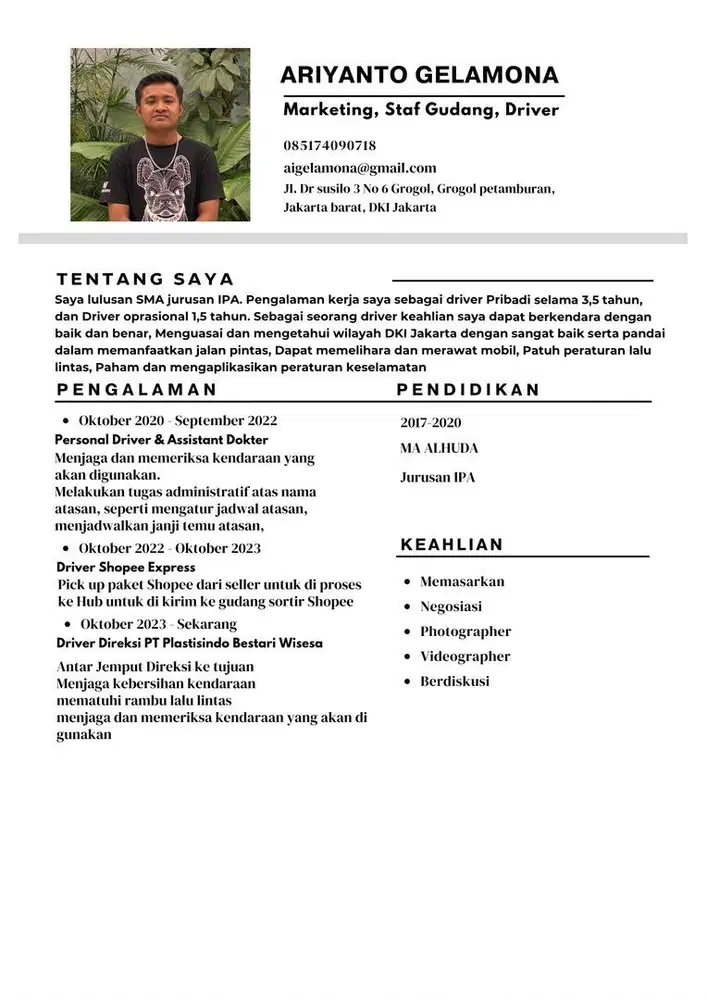 Cari kerja Driver Pribadi/Oprasional kantor