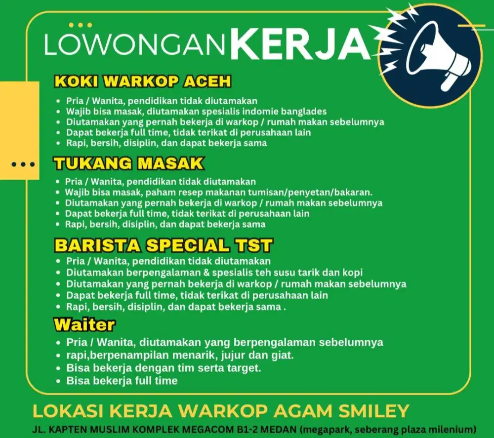 Lowongan tukang masak/koki, bartender dan waiter/waitress