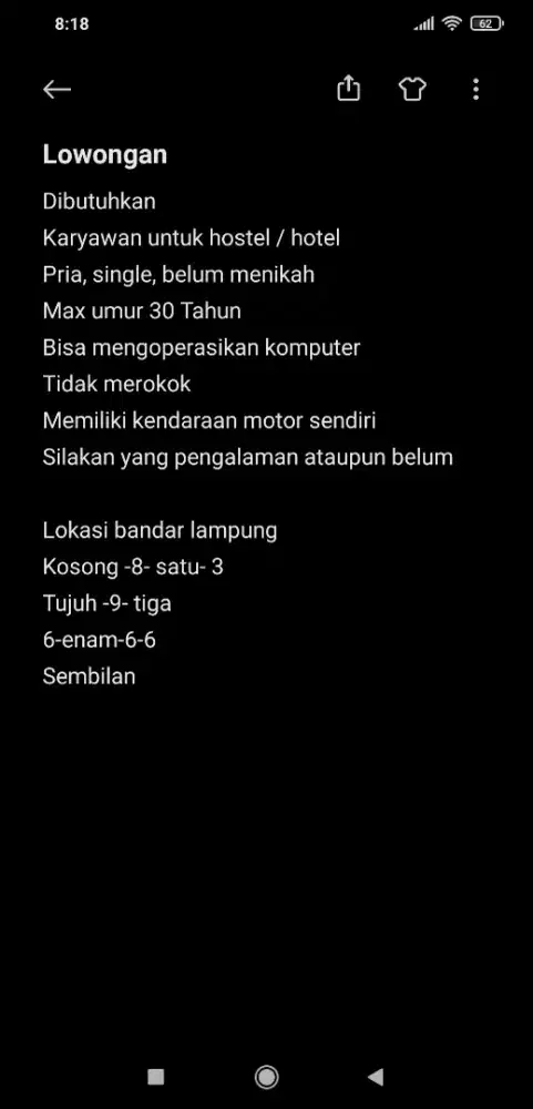 Dibutuhkan pria untuk kerja di hostel