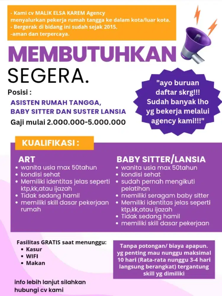Lowongan Asisten rumah tangga & baby sitter jabodetabek dan luar kota