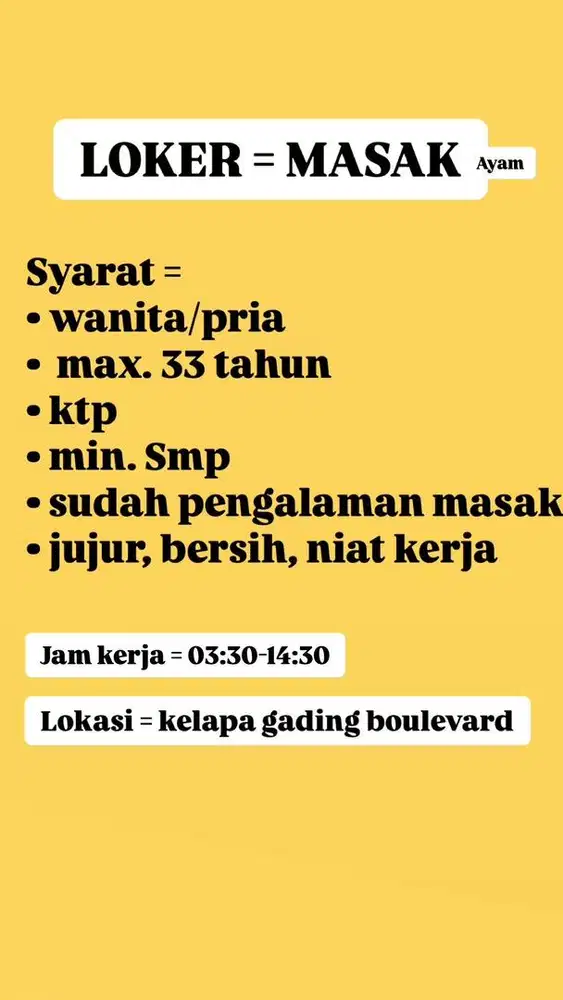 Loker Masak ayam pengalaman