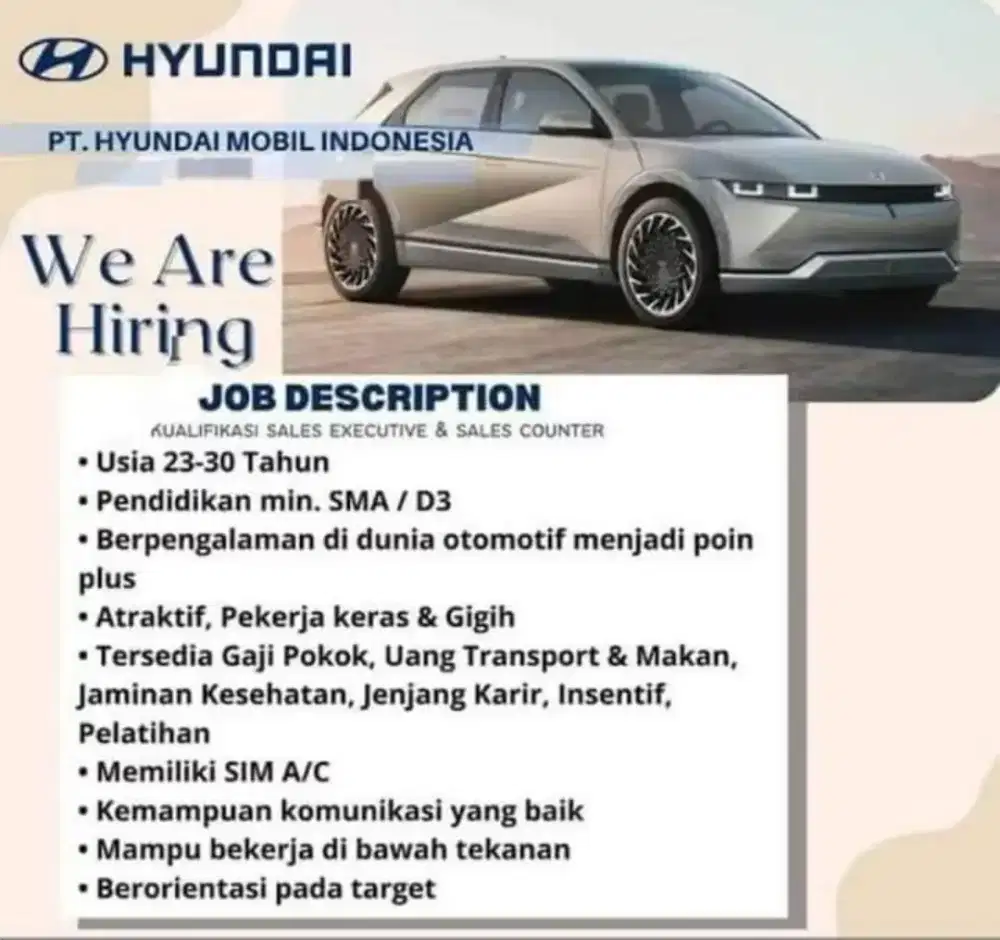 Dibutuhkan segera sales consultant hyundai