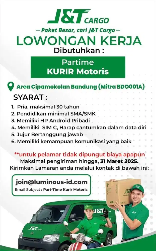 Lowongan Kurir Motoris J&T Cargo BDO001A Agustus 2025