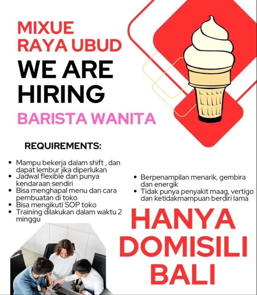Dicari Barista wanita untuk di Mixue ubud