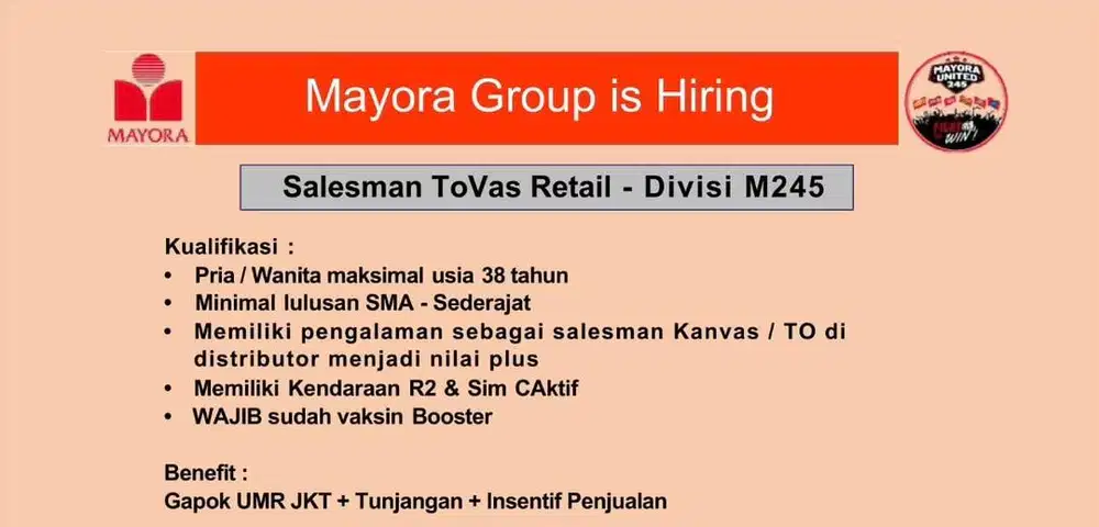 Lowongan Kerja Sales TO Kanvas Mayora Divisi MU245