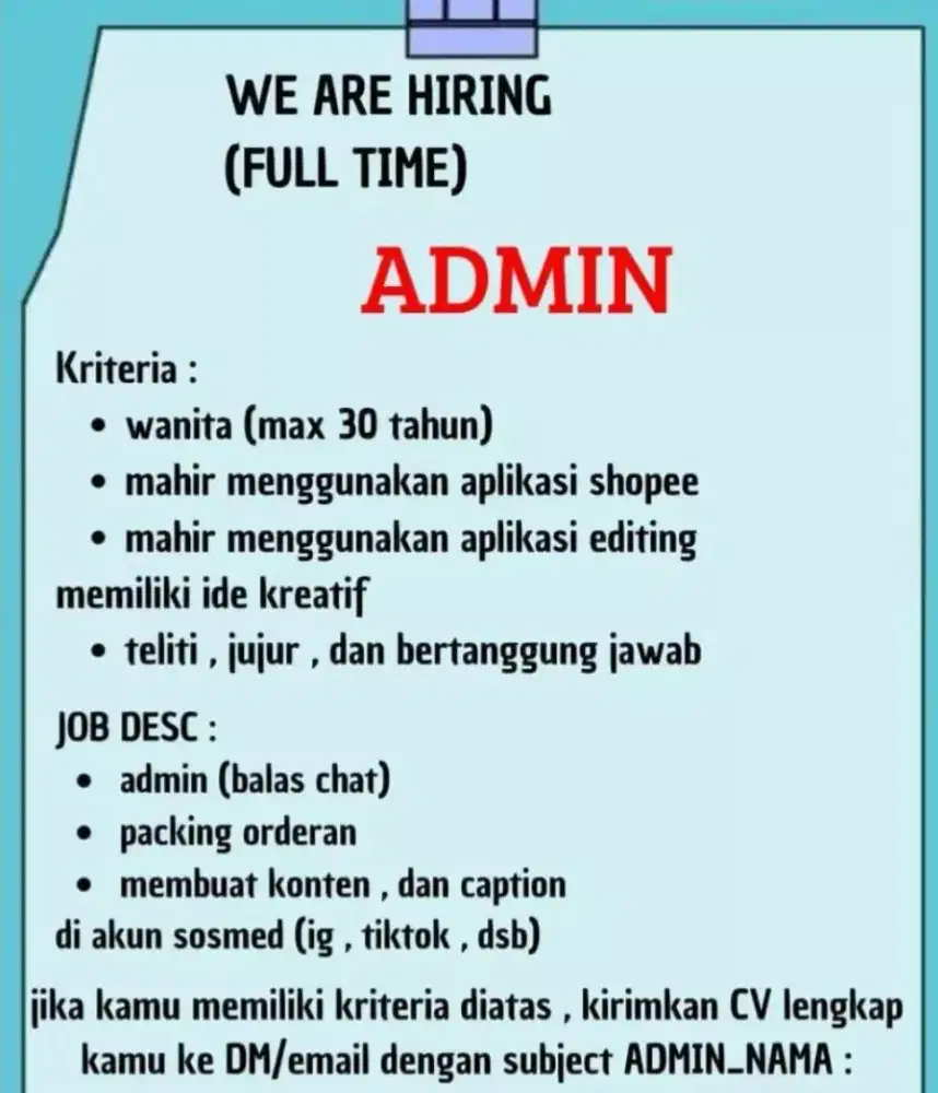 Job vacancy admin dan konten creator online marketplace