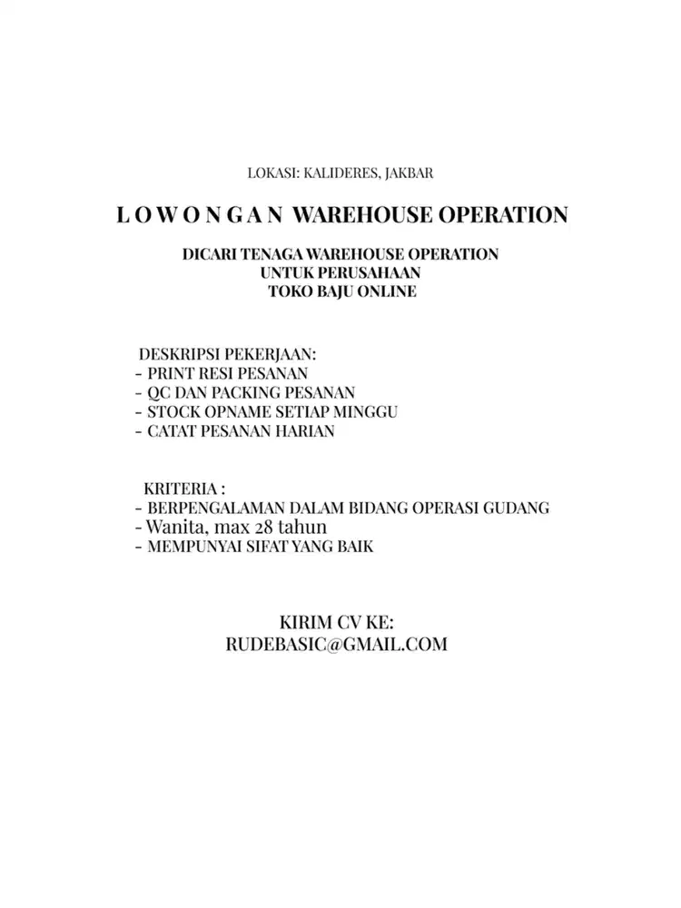 LOWONGAN OPERATIONAL GUDANG & PACKING