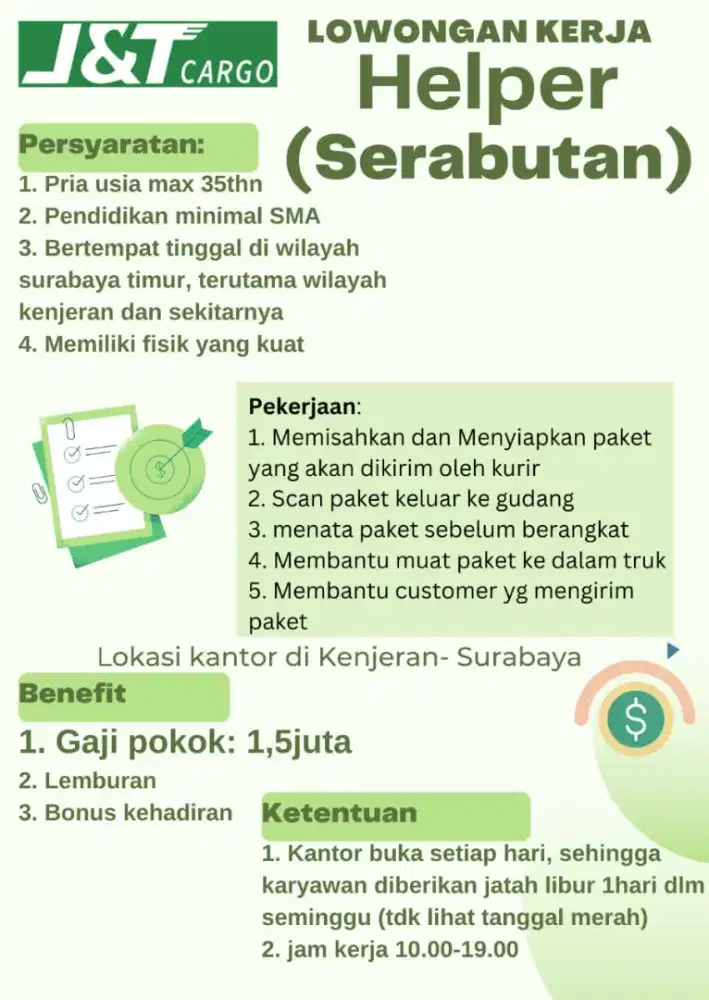 Lowongan kerja helper serabutan JNT cargo wilayah surabaya timur
