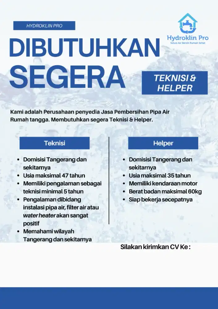 Dibutuhkan Tenaga Teknisi dan Helper