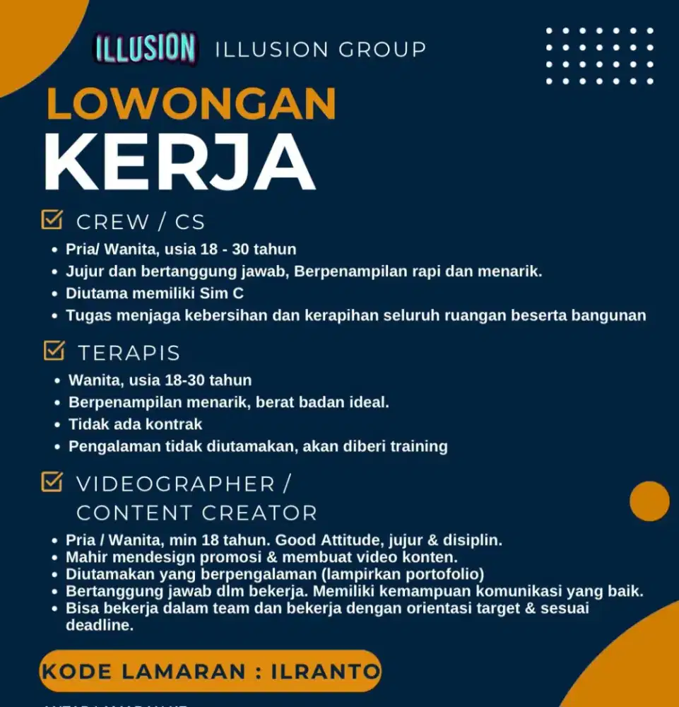 Di butuhan kasir, kru/ob, terapis spa dan videographer