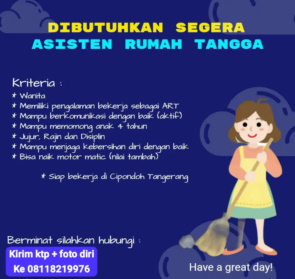 Dibutuhkan ART serabutan bisa Momong anak 2 tahun + masak
