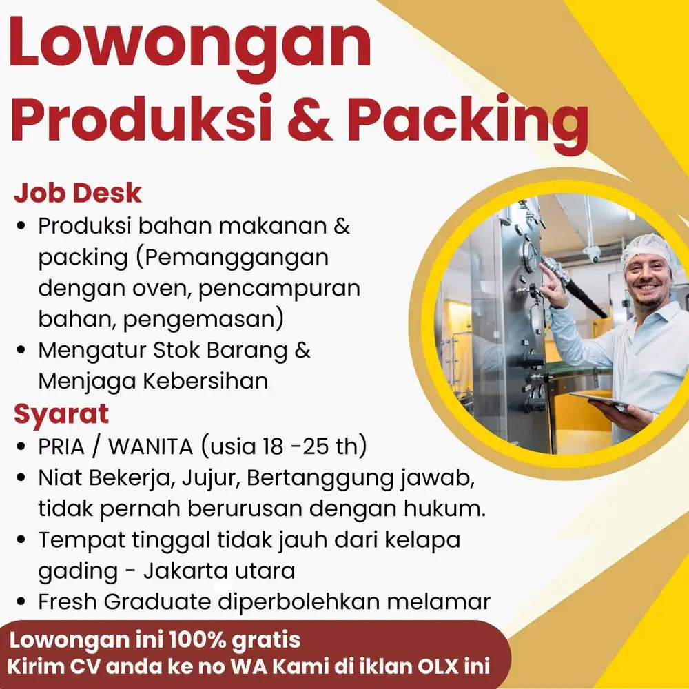 LOWONGAN KARYAWAN PRODUKSI - PACKING, KELAPA GADING, JAKARTA UTARA