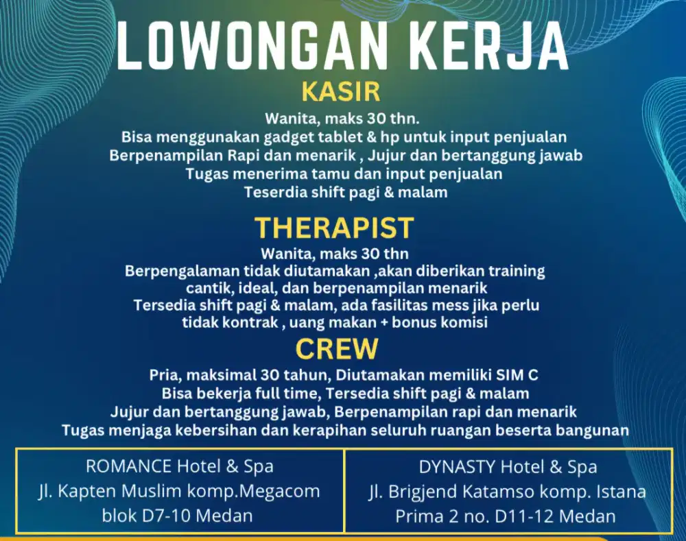 Dibutuhkan segera kasir, kru/cs dan terapis spa pijat refleksi