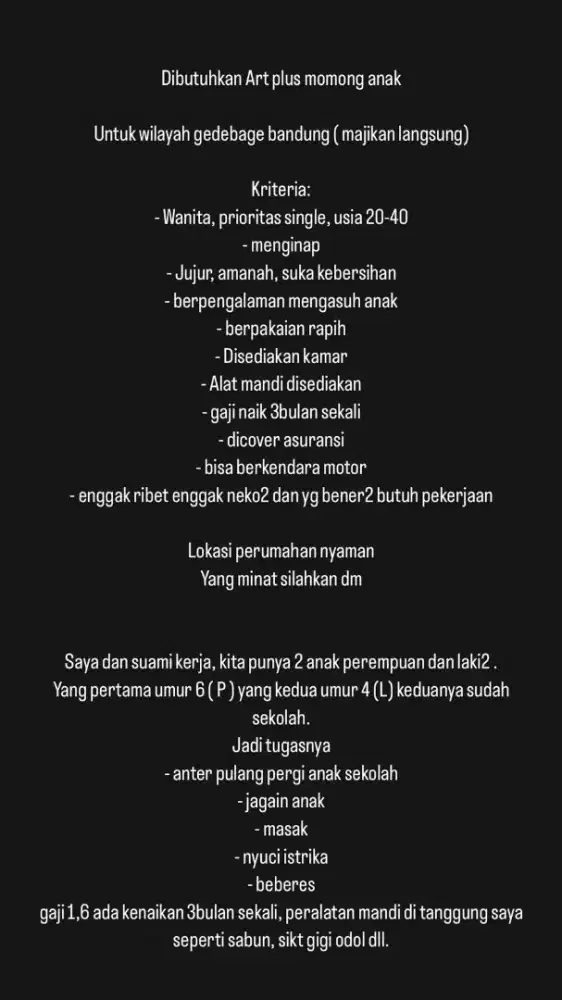 Loker ART menginap