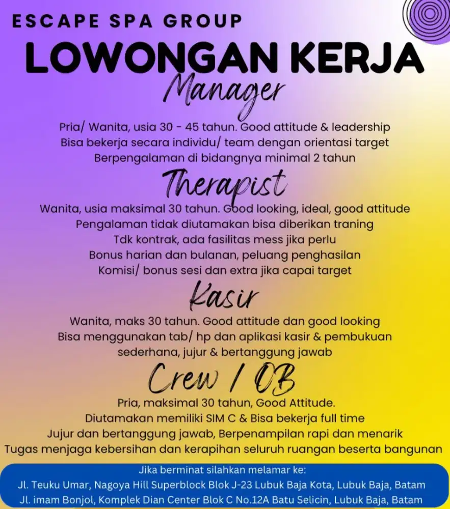 Di butuhkan segera manager kasir kru/cs dan terapis spa untuk mens spa