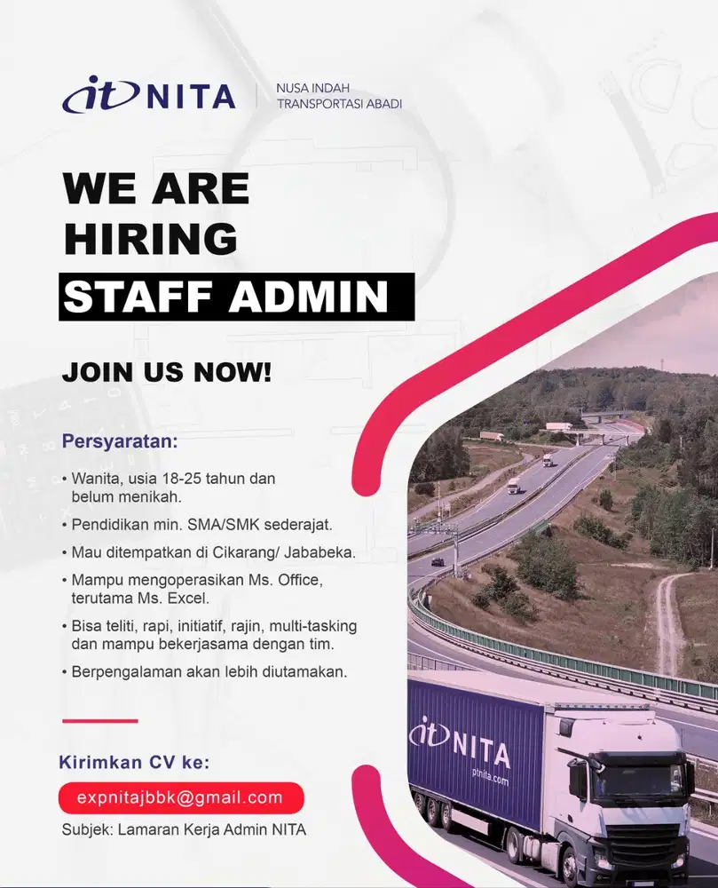 PT NITA Logistik is hiring Staff Admin ditempatkan di Kawasan Cikarang