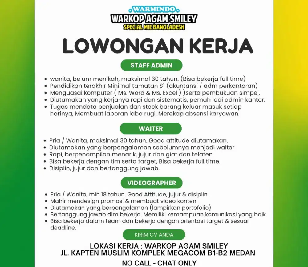 Di butuhkan segera admin, waiter/waitress, videographer untuk warkop