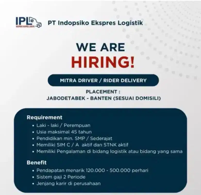 LOWONGAN KURIR DELIVERY LEGOK TANGERANG