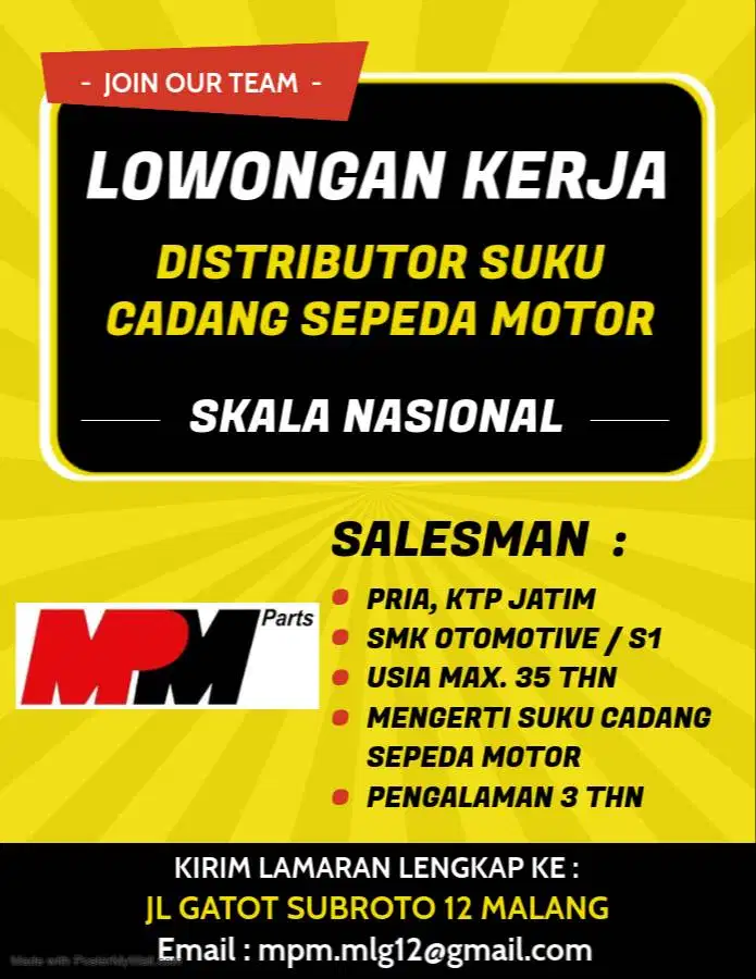 Lowongan Kerja Salesman Distributor Suku Cadang Sepeda Motor
