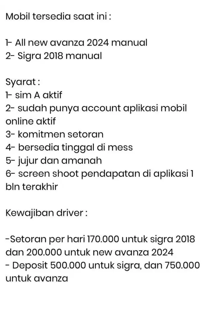 Dicari Driver mobil online