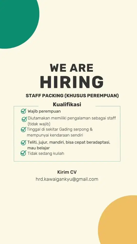 Karyawan packing perempuan Gading Serpong, admin packing online shop
