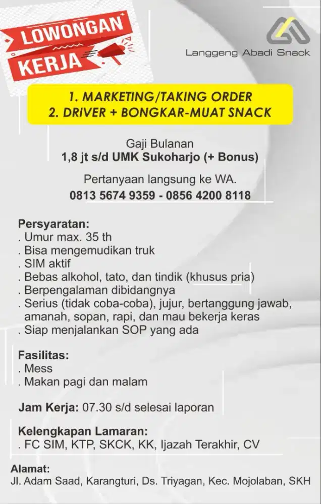 Loker Driver Bongkar-Muat Snack