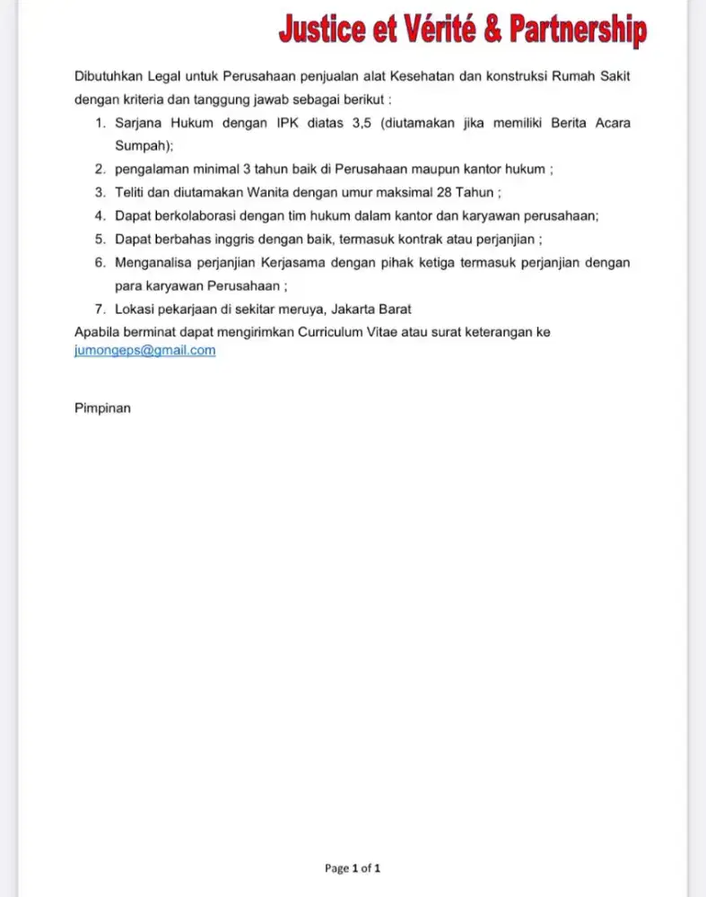 Membutuhkan legal corporate