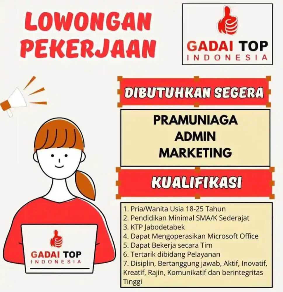 LOWONGAN KERJA GADAI TOP PRAMUNIAGA ADMIN KASIR MARKETING