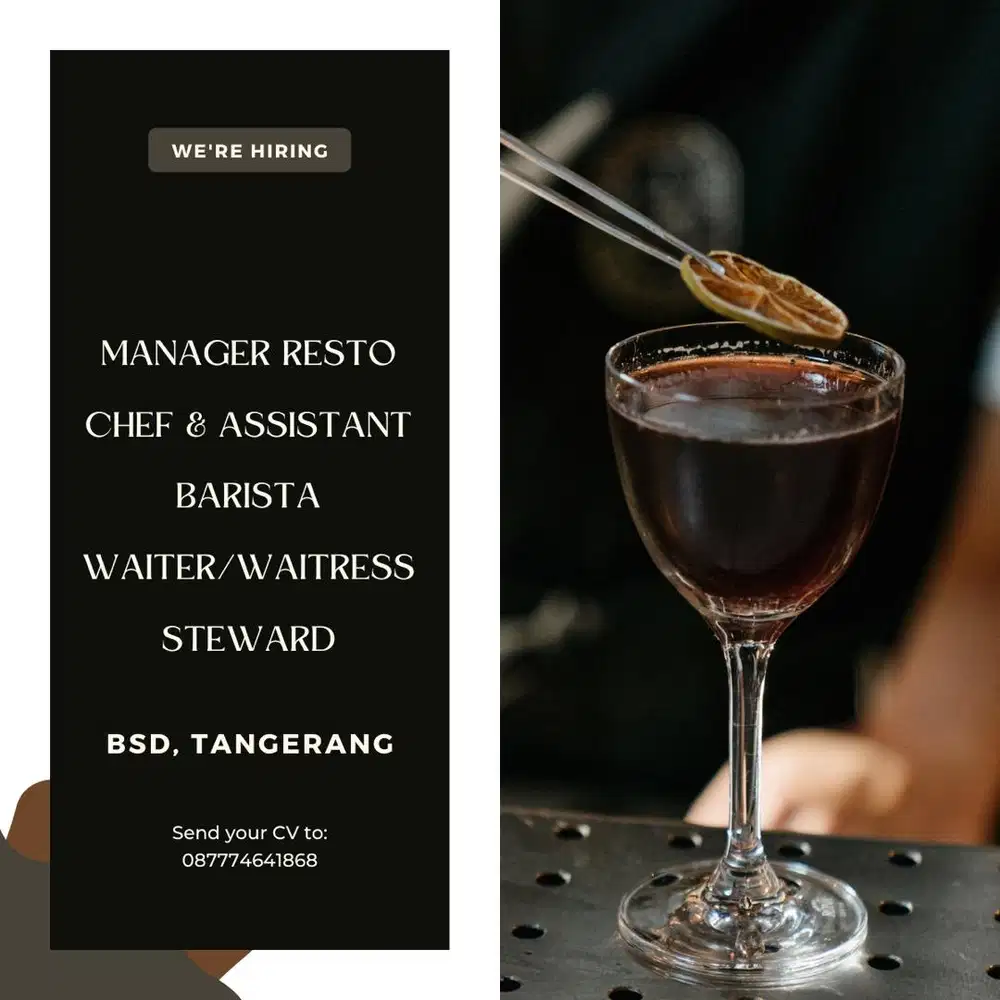 Lowongan Kerja Chef Barista Cook Waitress Waiter Manager Restoran