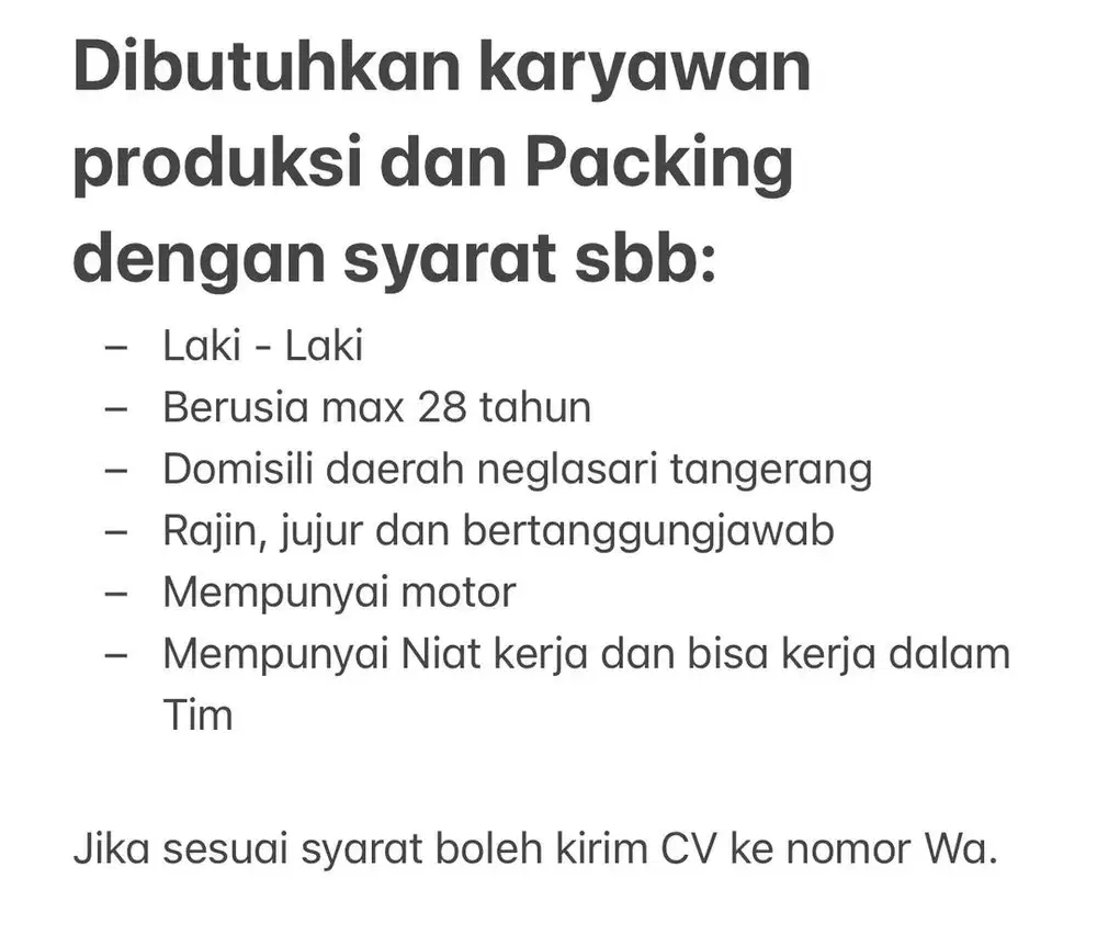 Dibutuhkan Karyawan produksi & packing