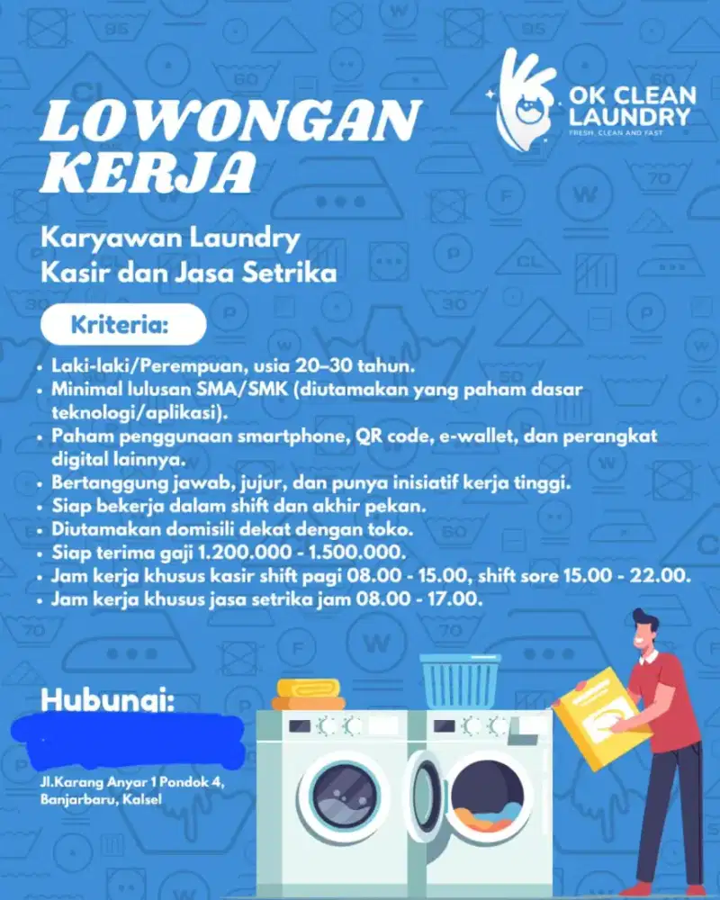 Lowongan kasir dan jasa setrika