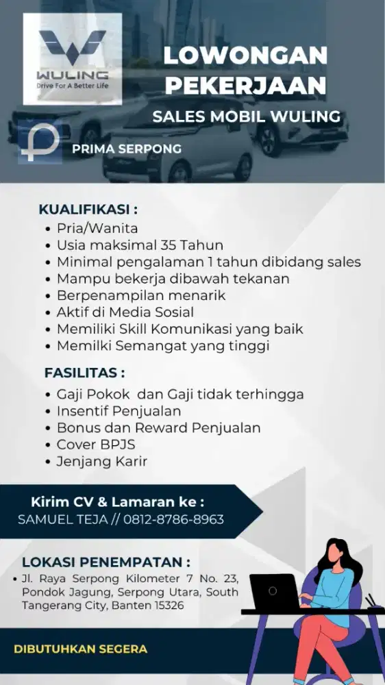 Dibutuhkan segera Sales Pria atau Wanita Wuling Prima Serpong