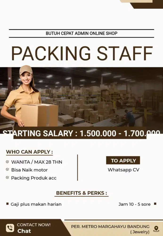 BUTUH CEPAT ADMIN ONLINE SHOP PACKING LOKASI METRO MARGAHAYU