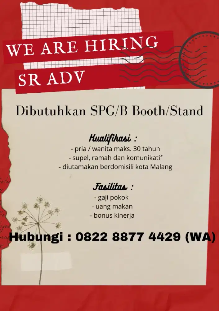 Dicari segera Spg/Spb bagian promosi tempat wisata di malang