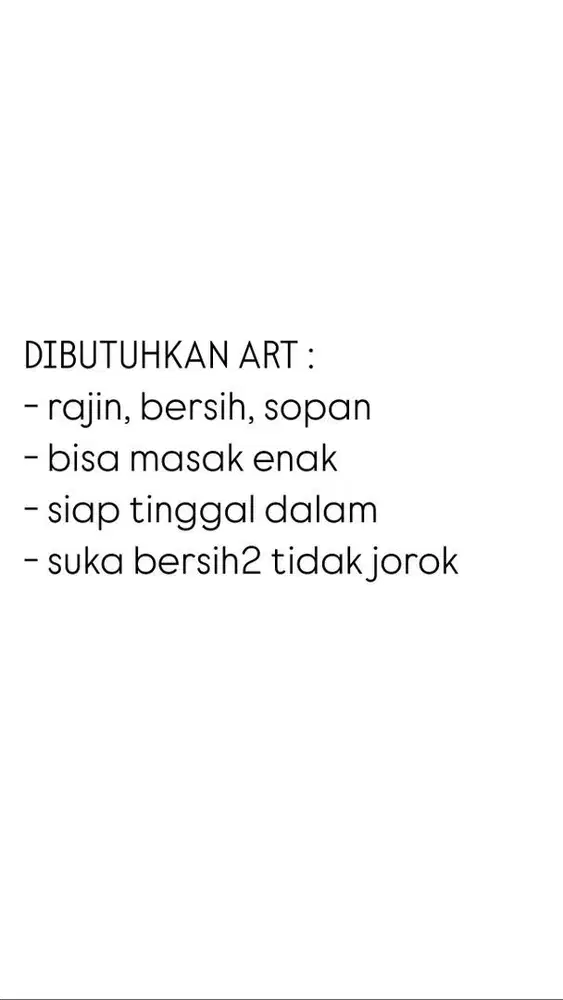DIBUTUHKAN ART ASISTEN RUMAH TANGGA