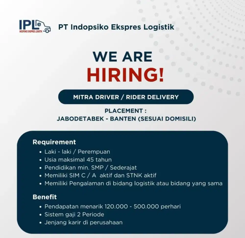 LOWONGAN KURIR DELIVERY AREA PENJARINGAN