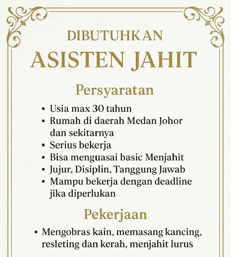 LOWONGAN KERJA ASISTEN PENJAHIT