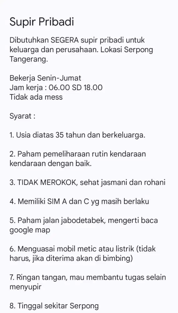 Supir Pribadi di Gading Serpong